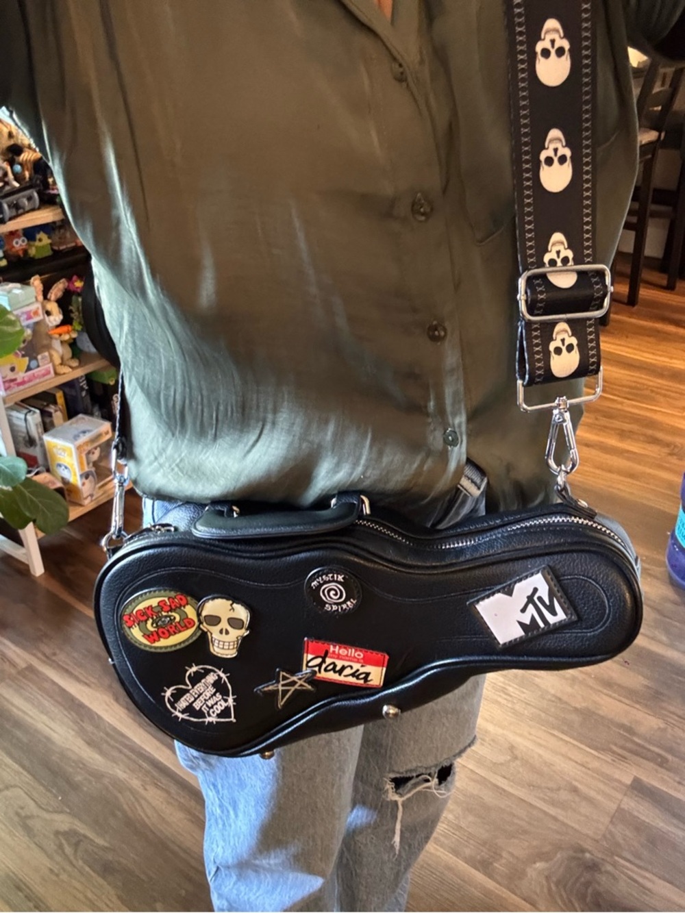 Black Novelty Guitar Case Crossbody Bag with Patch Details